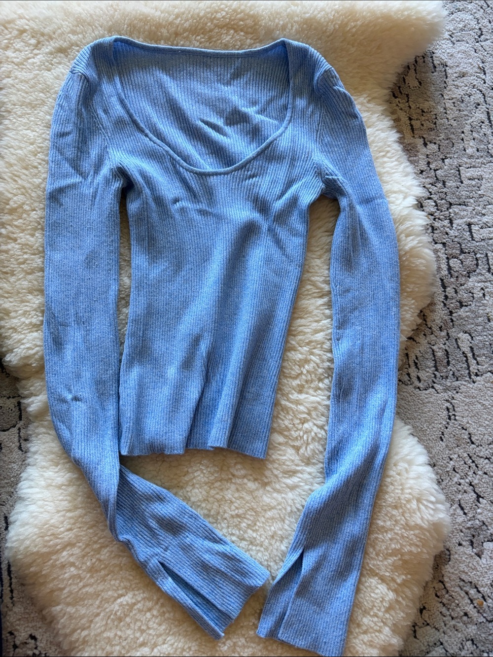 Light Blue Ribbed Scoop Neck Long Sleeve Top